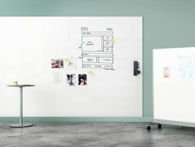A very large whiteboard on a wall, next to it there is a mobile whiteboard.