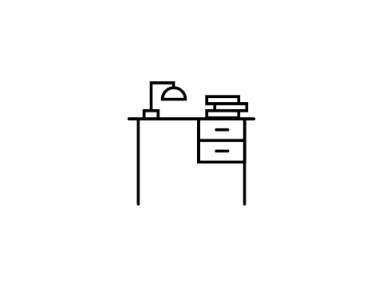 Digital black and white line drawing of a desk with a lamp.