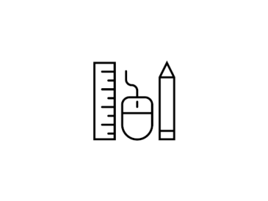 Digital black and white line drawing of a ruler, mouse and pencil.