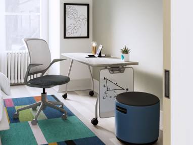 home office with whiteboard, blue buoy, mobile desk and cobi chair