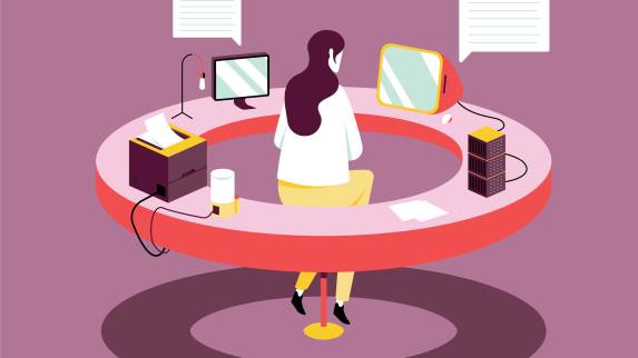 Digital graphic of a person sitting in a circle surrounded by digital technology.