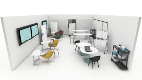 Steelcase Elbrook table, Orange Box Avi Chair, Bolia Mix Coffe Table, Steelcase Flex Markerboard, Bolia C3 Armchair, Bolia Philipa chair, Bolia Facet High barstool, Steelcase Verb Personal Markerboard, Steelcase VerbEasel, Steelcase Flex Team Cart, Bolia Valby Dining Chair