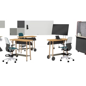 Steelcase Flex Collection, Steelcase SILQ Seating, Steelcase Roam Stand and Microsoft Surface Hub 2, Steelcase Flex Huddle, Polyvision Motif