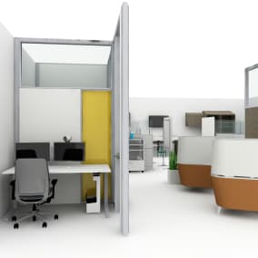 Steelcase Health Convey, Steelcase Verge Stool, Steelcase Health Separation Screens, Steelcase SOTO Mobile Caddy, Steelcase Think Chair, Steelcase Brody Lounge, Coalesse Massaud Chair Planning Idea