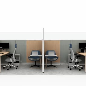 rendering of a workplace area with steelcase series 2 chairs, shadows rug, Avi chair, sarto screens
