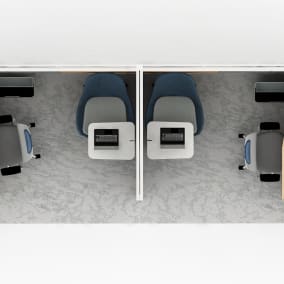 rendering of a workplace area with steelcase series 2 chairs, shadows rug, Avi chair, sarto screens