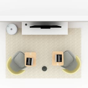 rendering of a collaborative room with credenza cabinet, thread, skate personal table, Loop rug