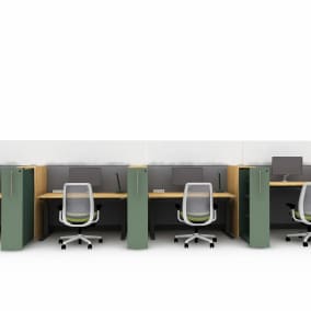 rendering of a collaborative workstation with amia chairs, personal light led, high density storage, migration se desk