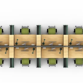 rendering of a collaborative workstation with amia chairs, personal light led, high density storage, migration se desk