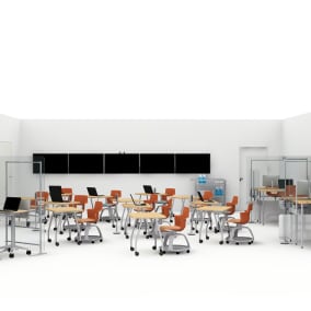 On white image of a classroom with verb rectangular and personal tables, shortcut chairs, separation screens, thread power hub and flow whiteboards