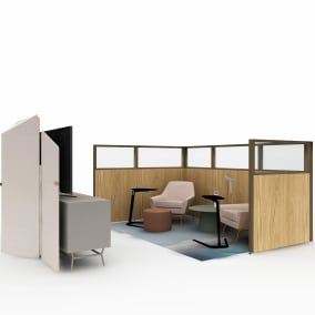 rendering of a collaboration area with Answer Panel, Flex Mobile Power, Lucas Wire Chair, Circula Coffee Table, Free Stand Table , Zyl Pouf, Dang Storage and Shelving, Perch Table Lamp, Horizon Lake Rug, Clipper Screen