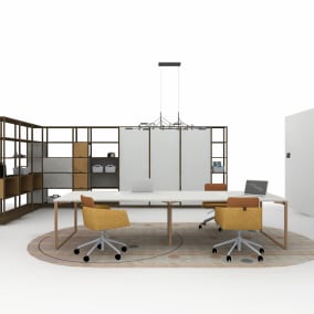 Rendering of a collaborative space with products such as: West Elm Greenpoint Continuous Top Table, Coalesse Marien 152 Seating, Flex Active Frames, Flex Mobile Power​, Flex Accessories: Basket​, V.I.A. Media Wall​, Turnstone Pivot Screen​, Mattiazzi She Said Stool, Turnstone Simple Table Café Height table, Moooi Tinkering LED Linear Suspension Light, Moooi Swell Sunstone Rug, Steelcase Room Wizard II