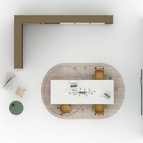 Rendering of a collaborative space with products such as: West Elm Greenpoint Continuous Top Table, Coalesse Marien 152 Seating, Flex Active Frames, Flex Mobile Power​, Flex Accessories: Basket​, V.I.A. Media Wall​, Turnstone Pivot Screen​, Mattiazzi She Said Stool, Turnstone Simple Table Café Height table, Moooi Tinkering LED Linear Suspension Light, Moooi Swell Sunstone Rug, Steelcase Room Wizard II
