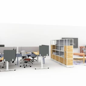 rendering of a social work space with products such as: Flex Active Frames Toolbox, Steelcase Flex Mobile Power​, Steelcase Bivi Height Adjustable Desk, Steelcase Series 2 Task Chair, Mesh Back​, Steelcae CF Series Intro Monitor Arm single​, Steelcase Flex Stand Table​, Microsoft Surface Hub 2S Wall-Mounted​, Steelcase B-Free Beam​, Blu Dot Plot Planter​, Moooi Walking On Clouds Dusk Rug​