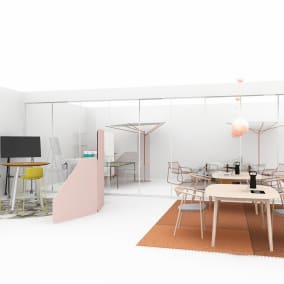 rendering of a collaborative work space divided by a wall and products such as: Coalesse Potrero 415 Round Table-Standing Height​, Orangebox Cubb Bar Stool​, Surface Hub Roam Mobile Stand​, Bolia Lean Shelf​, Coalesse Davos Medium Bench​, Moooi Extinct Animals Dodo Pavone Rug​, Steelcase Flex Freestanding Screen​, Mattiazzi Branca Table​, Mattiazzi Leva Armchair​, Nanimarquina Patch 4 Rug, Coalesse Emu Rio Chair​, Coalesse Emu Rio Rocking Lounge Chair​, Coalesse Emu Terramare Sofa​, Coalesse Emu Terramare Rectangular Table​, Coalesse Emu Heaven Pouf​, Blu Dot Circula Small Coffee Table​, Coalesse Free Stand Table​, Extremis Acacia Shade​, Nanimarquina Diagonal 5 Outdoor, Steelcase Flex Team Cart​, Steelcase Flex Cup​