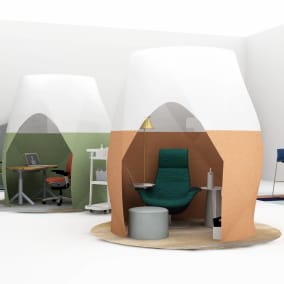 rendering of a social space with products such as: Steelcase Tensile Vessel Pod, Coalesse Massaud Lounge Chair w/ tablet​, Bolia Zyl Pouf​, FLOS Captain Flint Floor Lamp​, Blu Dot Circula Tall Side Table​, Steelcase SOTO Bag Caddy​, Moooi Quiet Collection Morning Nude Round Rug, Steelcase Flex Team Cart​, Steelcase Flex Height-Adjustable Desk​, Steelcase Amia Task Chair​, FLOS Mini Kelvin LED Desk Lamp​, Steelcase Moooi Quiet Collection Morning Asphalt Round Rug​, Steelcase Turnstone Simple Lounge Chair, Coalesse Freestand Personal Table​, Steelcase Flex Mobile Power​, Uhuru Stoolen Table, 16