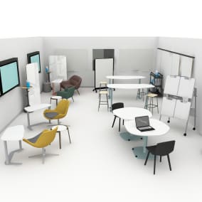 Steelcase Elbrook table, Orange Box Avi Chair, Bolia Mix Coffe Table, Steelcase Flex Markerboard, Bolia C3 Armchair, Bolia Philipa chair, Bolia Facet High barstool, Steelcase Verb Personal Markerboard, Steelcase VerbEasel, Steelcase Flex Team Cart, Bolia Valby Dining Chair
