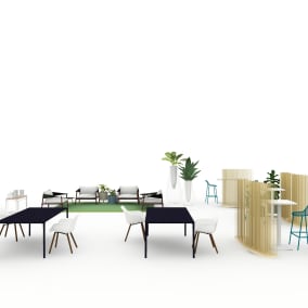 Coalesse Emu Heaven, Coalesse Emu Terramare,  Coalesse Emu Round, Extremis Captain's Chair, Extremis Extempore Bench, Extremis Sticks Space Divider, Nanimarquina Diagonal Outdoor Rug, Polyvision Mobile Whiteboard, BluDot Plot Planter