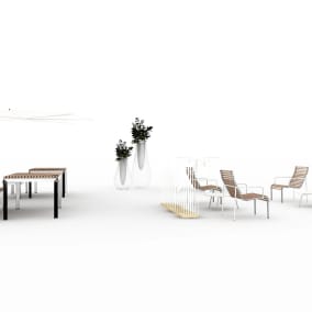 rendering of an outdoor space with Extremis Extempore, Extremis Kosmos Shade, Extremis Pantagruel Table, Extremis Sticks Space Divider, Coalesse Emu Terramare Coffee Table, Coalesse Emu Heaven Vase