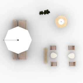 rendering of an outdoor space with Extremis Extempore, Extremis Kosmos Shade, Extremis Pantagruel Table, Extremis Sticks Space Divider, Coalesse Emu Terramare Coffee Table, Coalesse Emu Heaven Vase