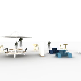 rendering of an outdoor space with Extremis Marina Bistro, Extremis Pantagruel, Extremis Picnik Table, Extremis Sticks Space Divider, Extremis Tiki Low Height Seat, BluDot Hot Mesh, BluDot Emu Heaven Vase