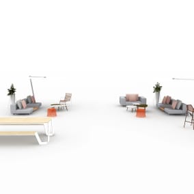 rendering of an outdoor space with Extremis Extempore Chair, Extremis Hopper Table, Extremis Kosmos Shade, Extremis Walrus, Coalesse Emu Terramare, Coalesse Emy Ivy Pouf, Coalesse Emu Heaven Vase, Coalesse Emu Round