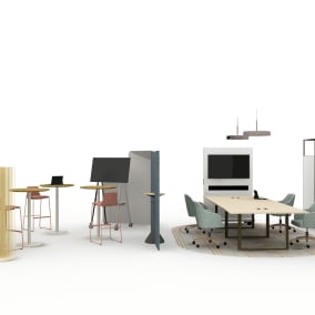 Extremis Sticks​ Steelcase Flex Collection Coalesse Montara650 Stool​ Coalesse Montara650 Table​ Roam Mobile Stand w/ Microsoft Surface Hub 2S​ Steelcase Turnstone Clipper Screen​ Steelcase Verlay Table West Elm Sterling Conference Chair​ Moooi Swell Rug​ Coalesse Exponents Mobile Media Cart​ Blu Dot Bobber Large Pendant​ Steelcase Flex Active Frames Steelcase Turnstone Pivot