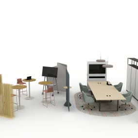 Extremis Sticks​ Steelcase Flex Collection Coalesse Montara650 Stool​ Coalesse Montara650 Table​ Roam Mobile Stand w/ Microsoft Surface Hub 2S​ Steelcase Turnstone Clipper Screen​ Steelcase Verlay Table West Elm Sterling Conference Chair​ Moooi Swell Rug​ Coalesse Exponents Mobile Media Cart​ Blu Dot Bobber Large Pendant​ Steelcase Flex Active Frames Steelcase Turnstone Pivot