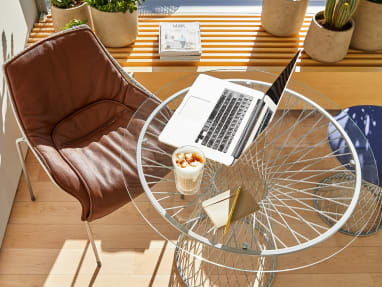 Overhead view of an EMU Heaven chair, EMU Heaven table, and EMU Heaven pouf