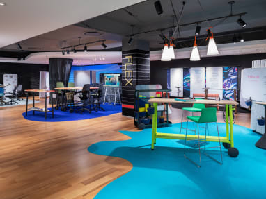 A collection of products from the Steelcase Flex Collection on display during NeoCon 2019