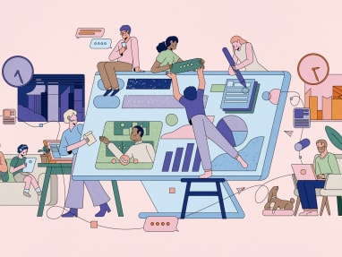 Illustration of people working collaboratively while being remote