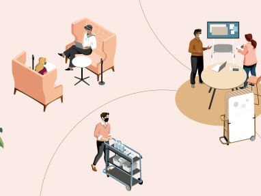 illustration of people collaborating and using Steelcase products