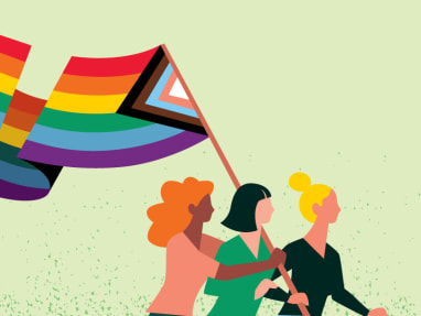 illustration of 3 women holding a LGBTQ flag