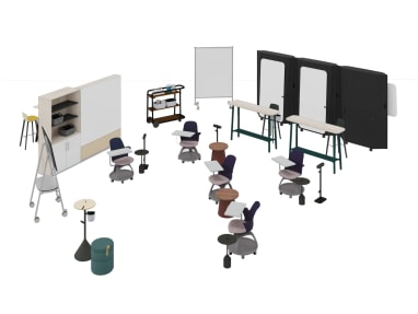 Learning space with Steelcase Roam Collection, Grab Pouf, Steelcase Flex Collection, Share It Collection, Mobile Elements Pin-Board, B-Free Desk and Node chairs