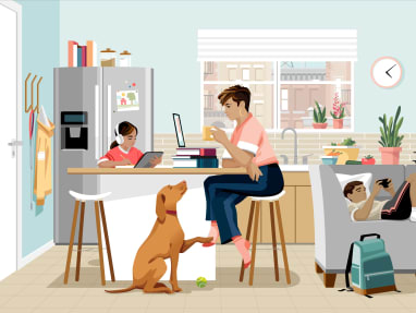 illustration of a woman working on a kitchen counter while his daughter is doing homework and son is using a cellphone