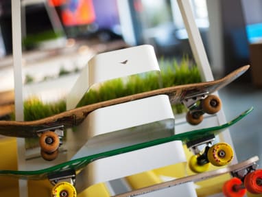 White Turnstone Bivi Board Rack with skateboards.