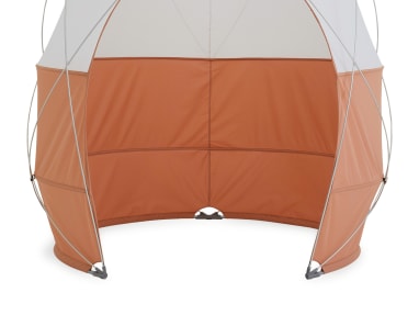 close up to an orange pod tent