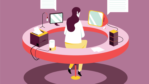 Digital graphic of a person sitting in a circle surrounded by digital technology.