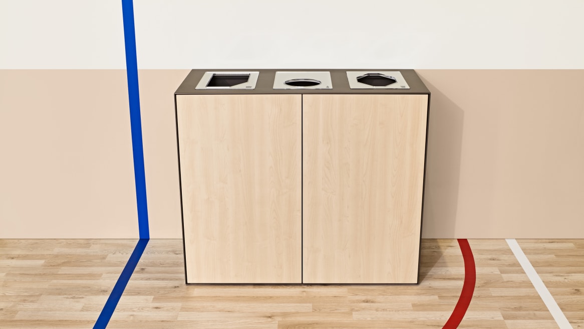 EMEA Volum Art Recycling Station in laminate natural maple with three top openings