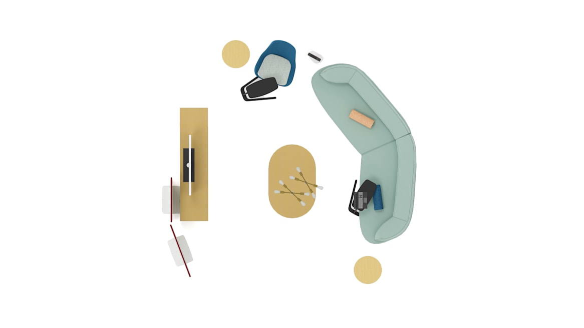 Bolia Grace Sofa Bolia Piper Lighting, Divisio Acoustic Screen, Orangebox Avi Chair, Coalesse Freestand Table, Coalesse Millbrae Bolster Round, Flex Power Stand, Orangebox Hep Table, Bolia Comb Coffee Table, Bolia Floow Sideboard