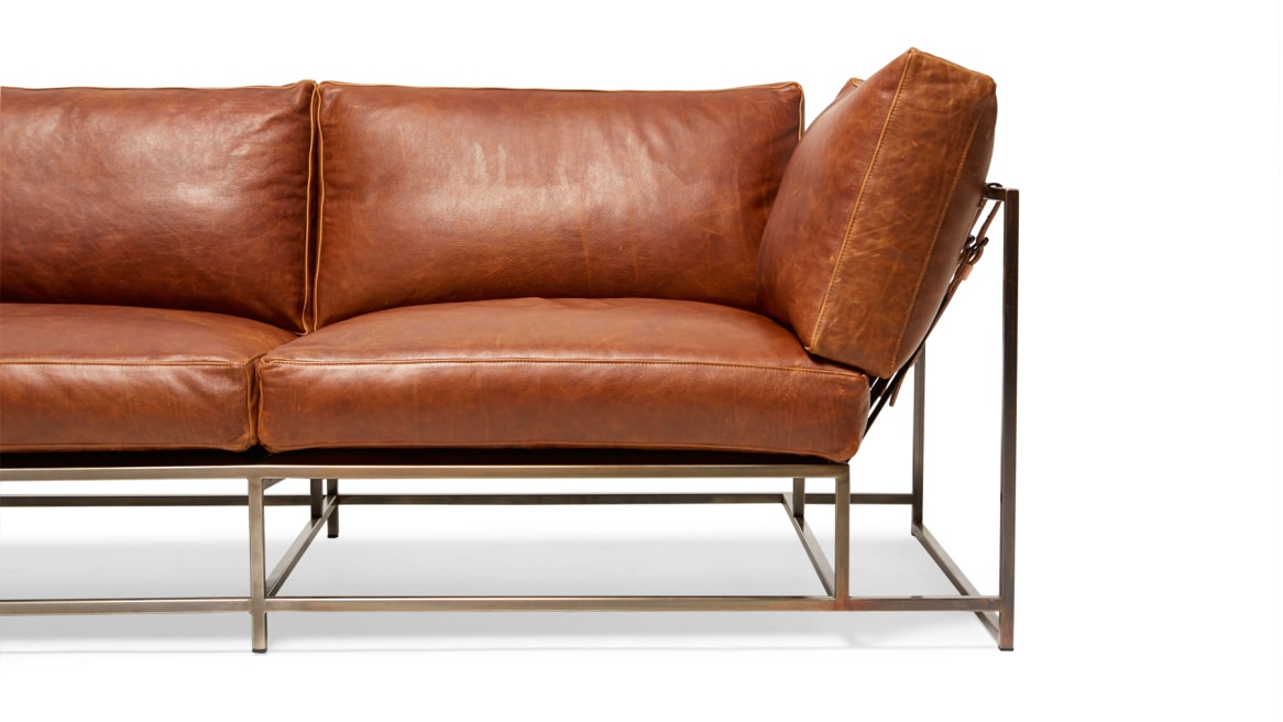 Tan Leather & Antique Nickel Two Seat Sofa