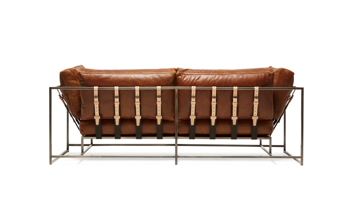 Tan Leather & Antique Nickel Two Seat Sofa