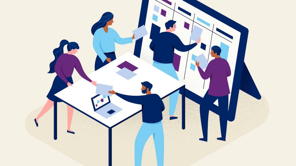 illustration of people collaborating and using a board