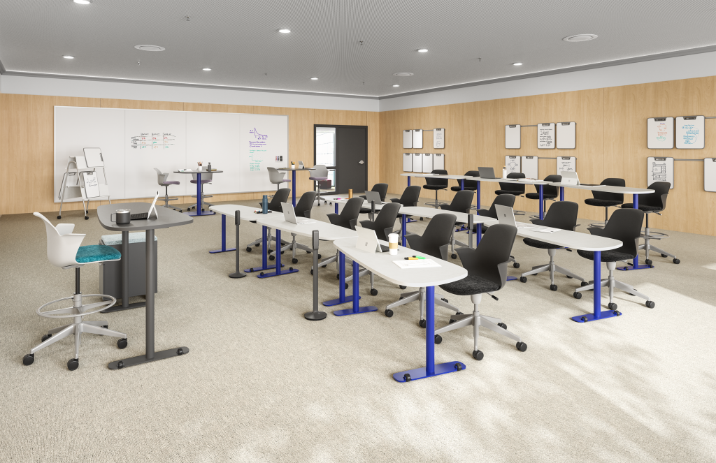Collaborative Classroom equipped with white Elbrook Tables with blue base and gray Steelcase Node Chairs.