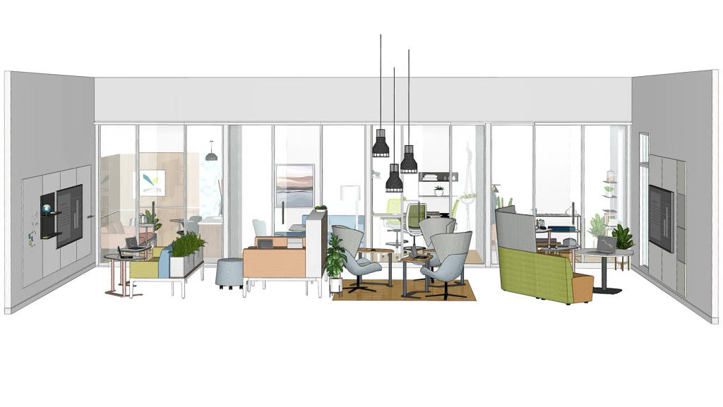 rendering of a hub with Steelcase Regard Lounge, Orangebox Avi Seating, Orangebox Away From The Desk, Steelcase Series 2 Chair, Coalesse Lagunitas Lounge, Steelcase Surround Lounge, Steelcase Elbrook Personal Tables