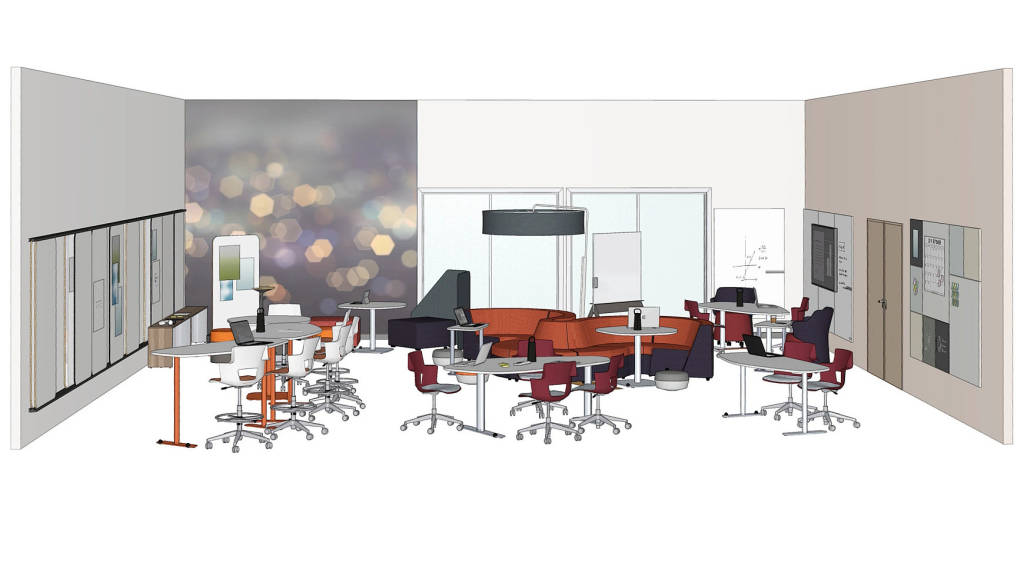 rendering of a classroom with Steelcase Elbrook Collaborative Table, Shortcut Chairs and stools, Orangebox Away from the Desk, Clipper Screen