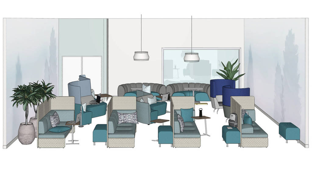 rendering of a napping room with Coalesse Lagunitas Lounge, Campfire Skate Table, Elbrook Personal Table, Alight Ottoman,Orangebox Away From The Desk, West Elm Work Bell