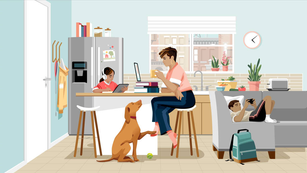 illustration of a woman working on a kitchen counter while his daughter is doing homework and son is using a cellphone