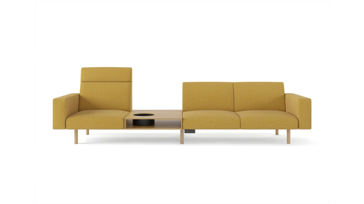 Sistema Lounge System 4-Seat Lounge with Leg Base: 2-Seat Frame with High-Back Lounge with Arm and Inline Table + 2-Seat Frame with Mid-Back Armless Lounge and Mid-Back Lounge with Arm