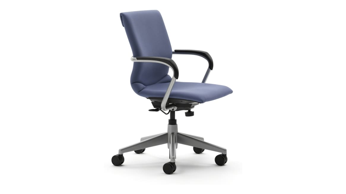 Close-Up of seat and back of a light blue swivel base Protege guest chair with metal arm rests